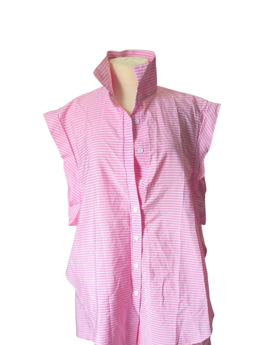Pink White Striped Sleeveless Button-Down 2 Piece Cord Sets. Size2x.